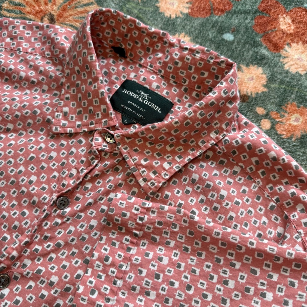 Rodd & Gunn Mens L Sports Fit Shirt Albini Italian Fabric Short Sleeve Geometric